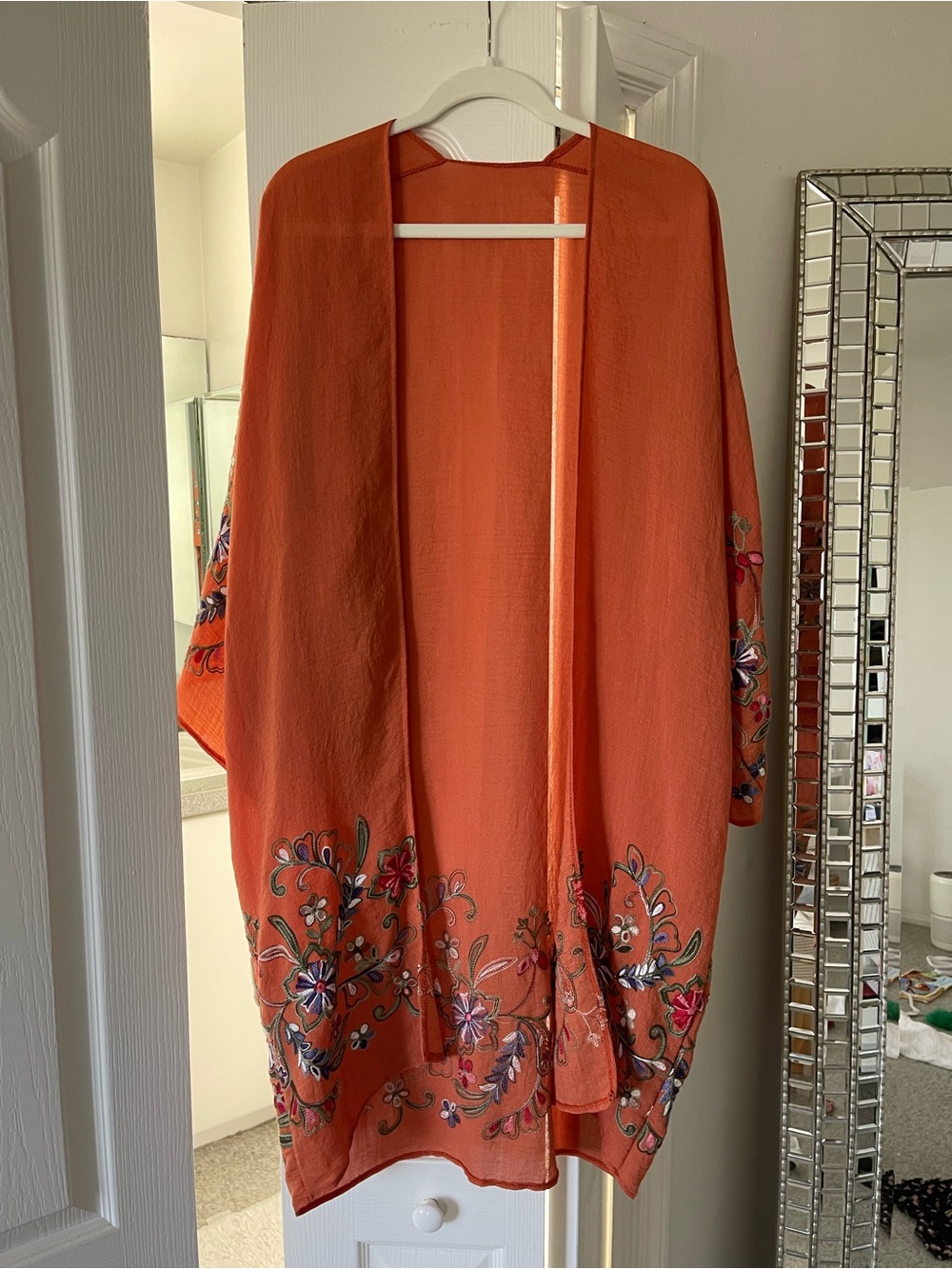 Embroidered Open-Front Burnt Orange Kimono